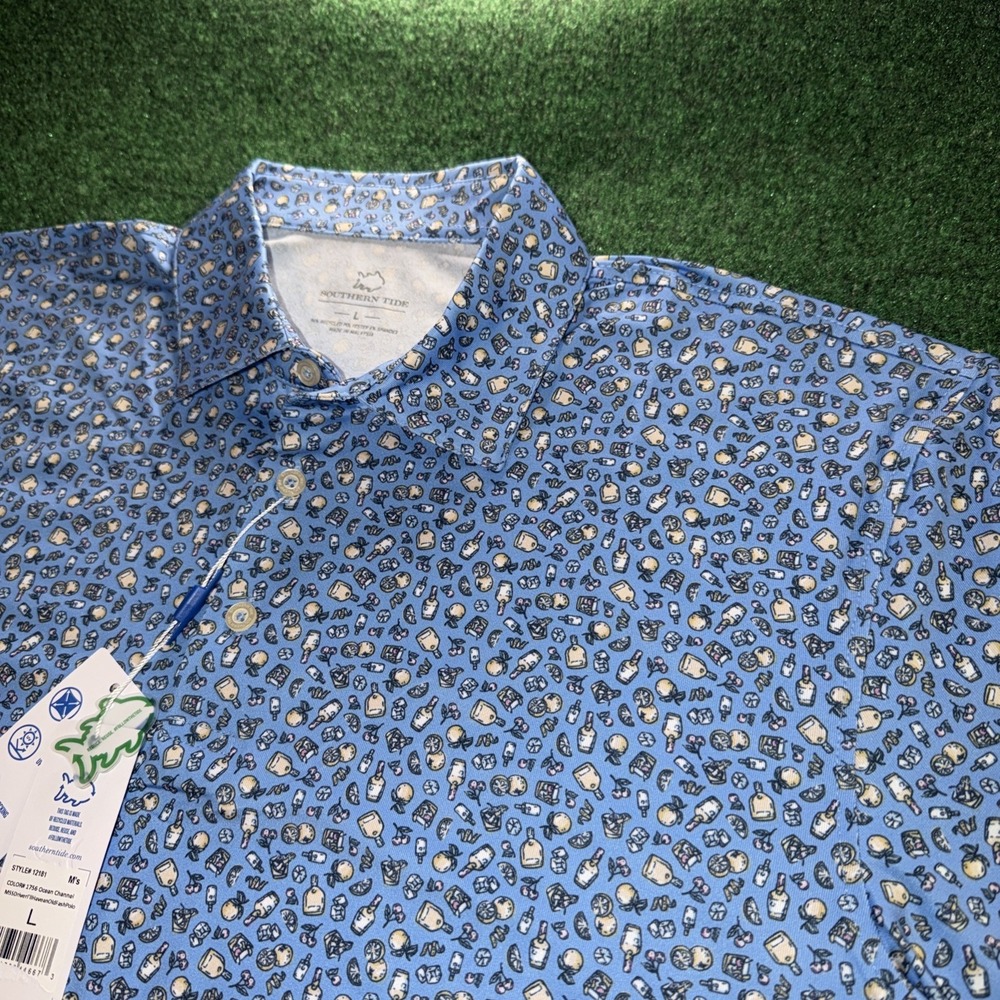 NWT Southern Tide Polo Men's Size Large Oranges Bottles Cocktails All Over Print